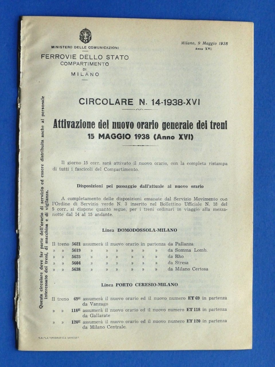 Ferrovie - Circolare N° 14 - 1938 Attivazione Nuovo Orario … | Immagine principale