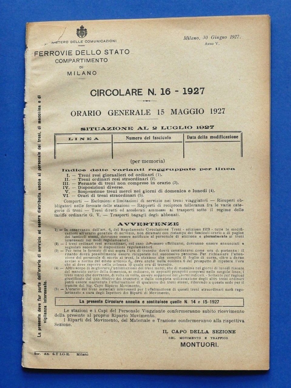 Ferrovie - Circolare N° 16 - 1927 Orario Generale - … | Immagine principale