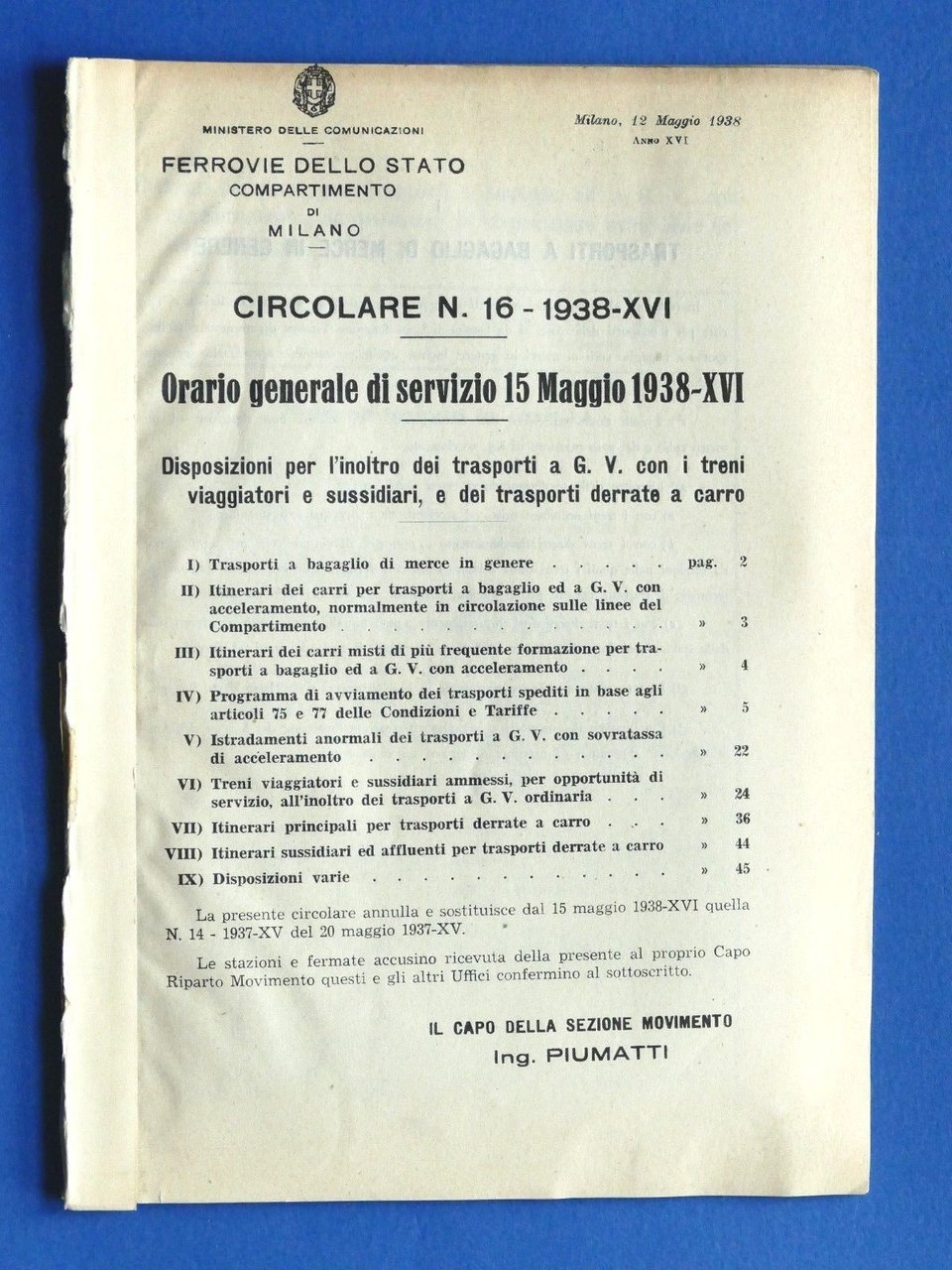 Ferrovie - Circolare N° 16 - 1938 Orario Generale - … | Immagine principale