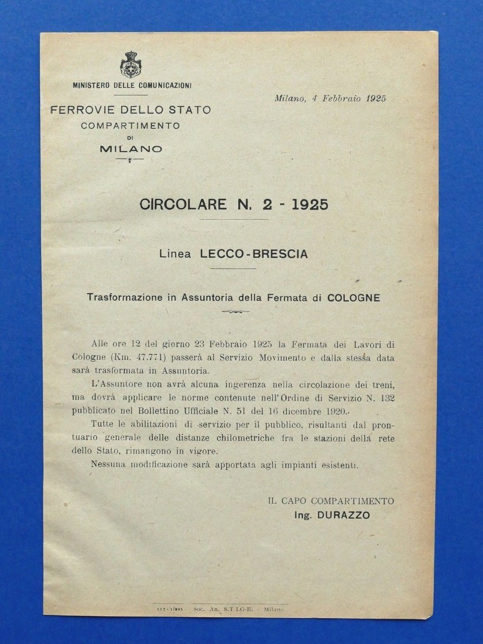 Ferrovie - Circolare N° 2 - 1925 - Linea Lecco …