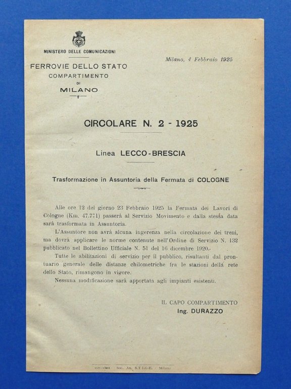 Ferrovie - Circolare N° 2 - 1925 - Linea Lecco Brescia - Fermata di Cologne