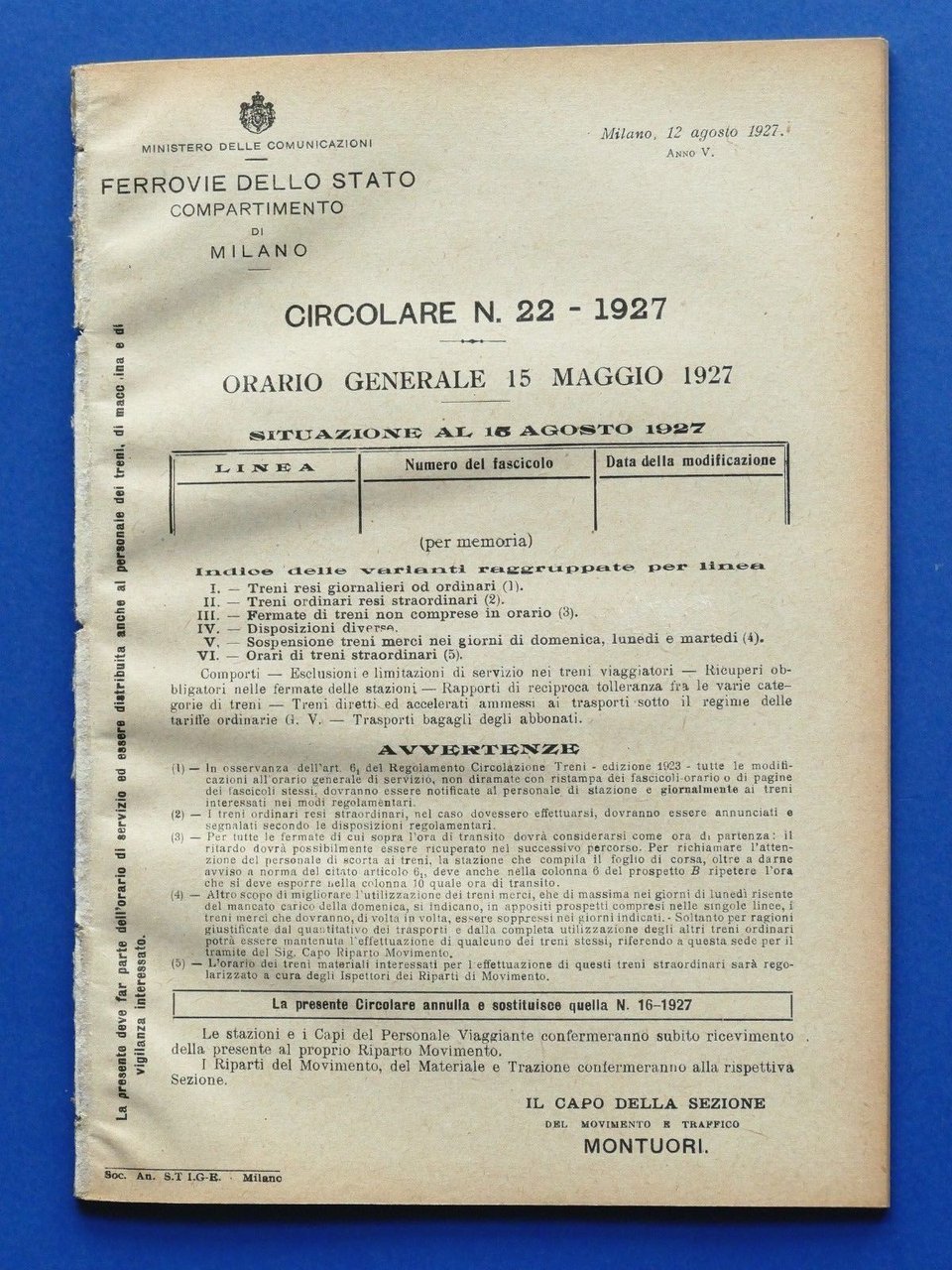 Ferrovie - Circolare N° 22 - 1927 Orario Generale - … | Immagine principale