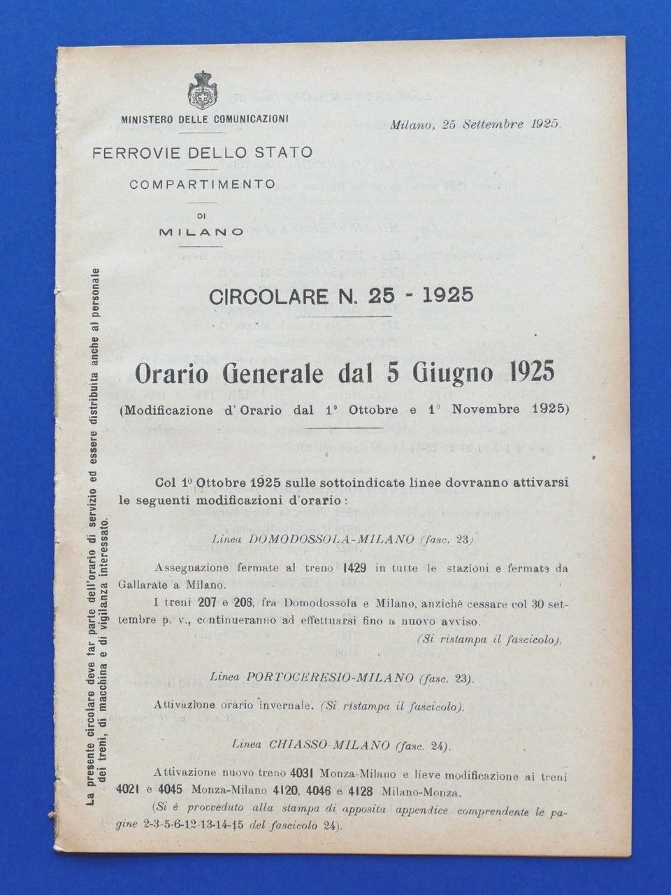 Ferrovie - Circolare N° 25 - 1925 - Orario Generale … | Immagine principale