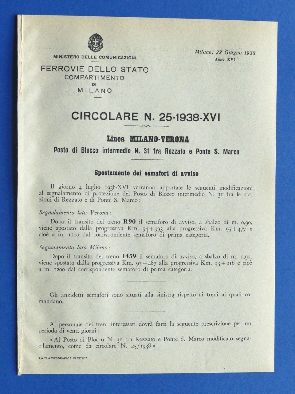 Ferrovie - Circolare N° 25 - 1938 - Linea Milano … | Immagine principale