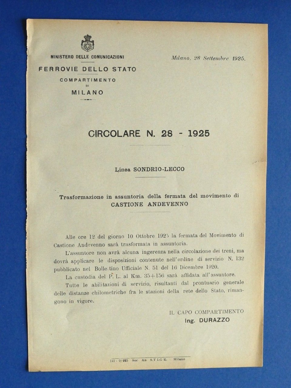 Ferrovie - Circolare N° 28 - 1925 Linea Sondrio Lecco …