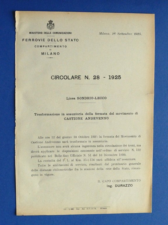 Ferrovie - Circolare N° 28 - 1925 Linea Sondrio Lecco Fermata Castione Andevenno