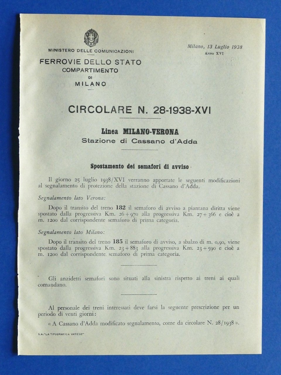 Ferrovie - Circolare N° 28 - 1938 Linea Milano Verona … | Immagine principale