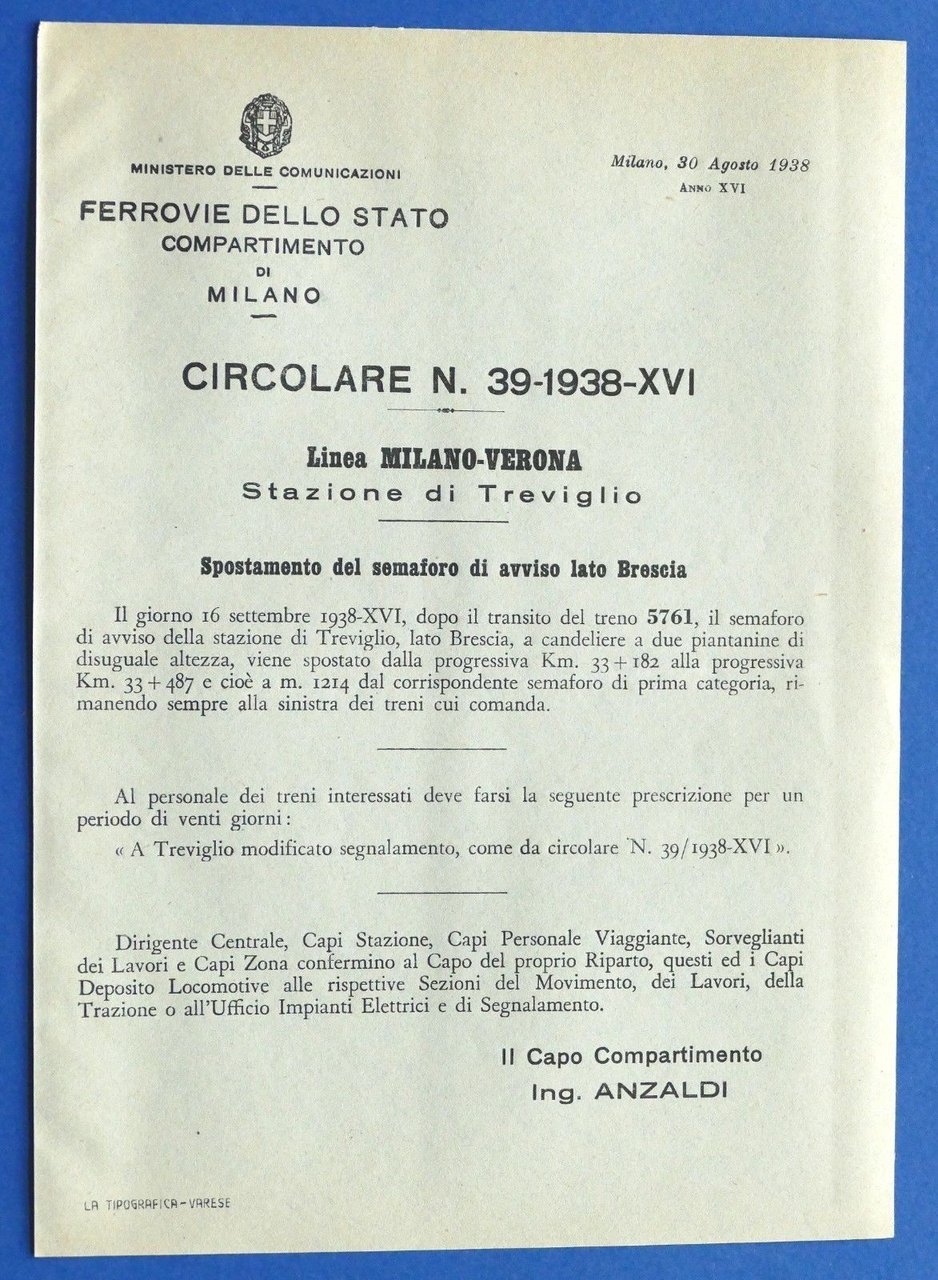Ferrovie - Circolare N° 39 - 1938 - Stazione di … | Immagine principale