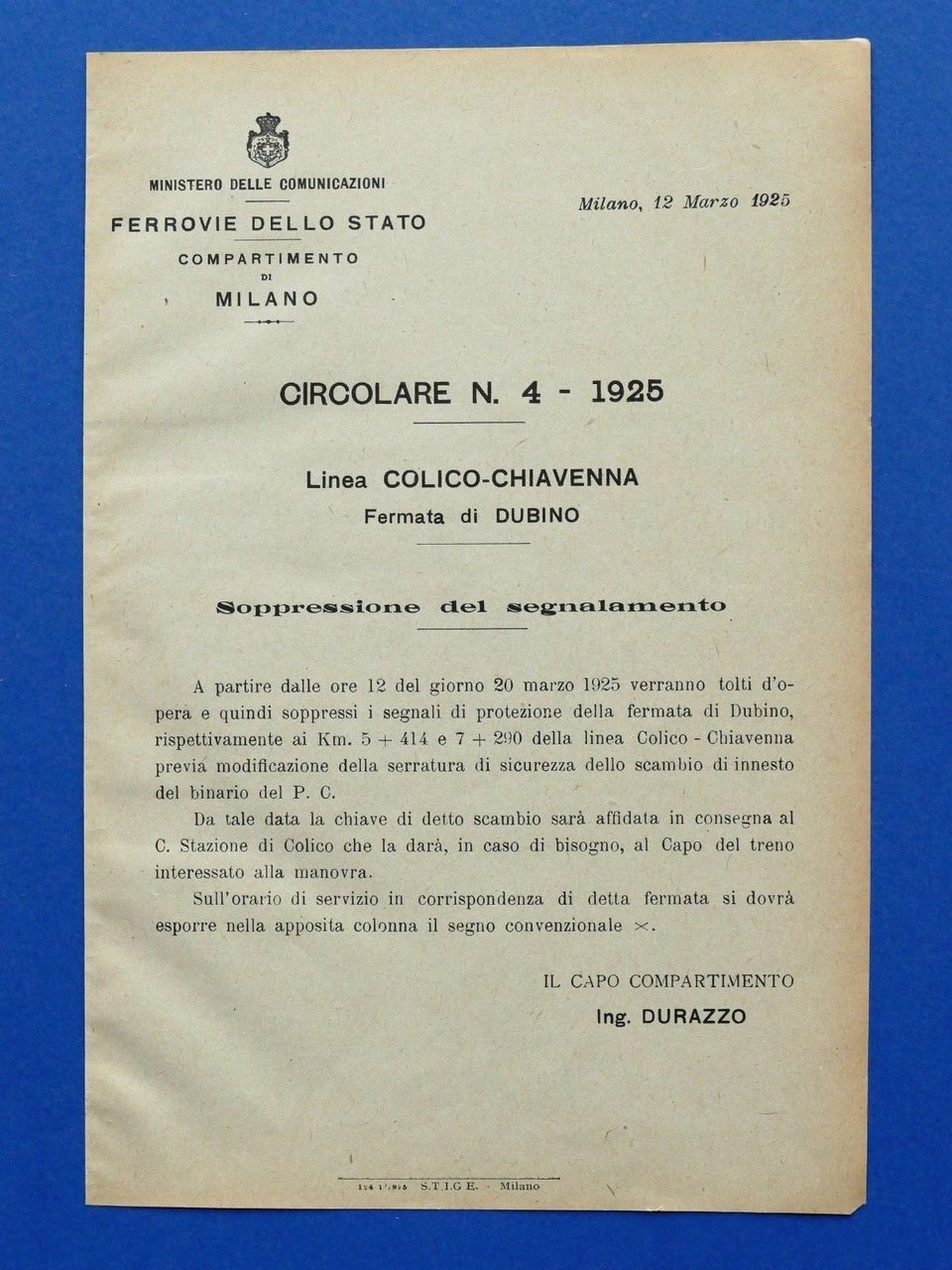 Ferrovie - Circolare N° 4 - 1925 - Linea Colico … | Immagine principale