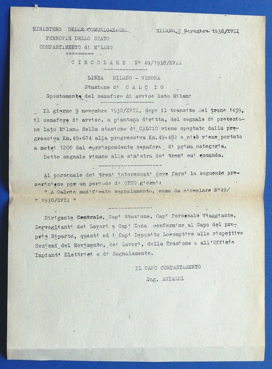 Ferrovie - Circolare N° 49 - 1938 - Stazione di … | Immagine principale