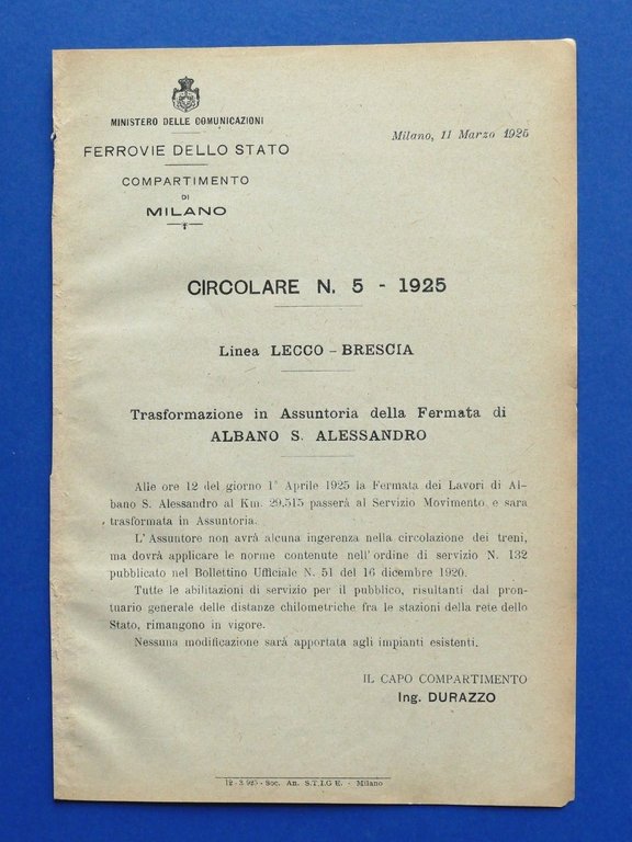 Ferrovie - Circolare N° 5 - 1925 - Linea Lecco Brescia - Fermata Albano