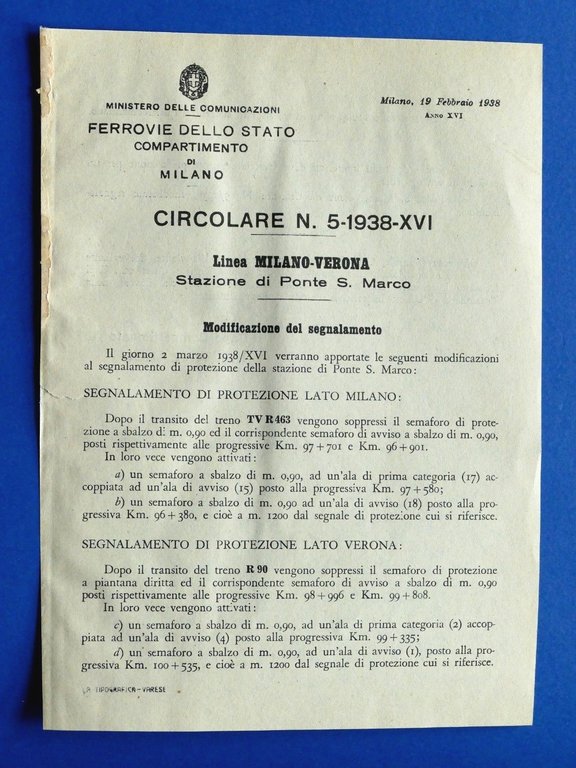 Ferrovie - Circolare N° 5 - 1938 - Linea Milano Verona - Stazione Ponte S. Marco