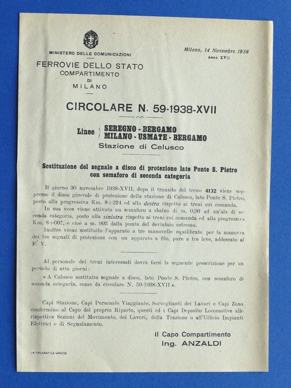 Ferrovie - Circolare N° 59 - 1938 - Linea Seregno Bergamo - Stazione di Calusco