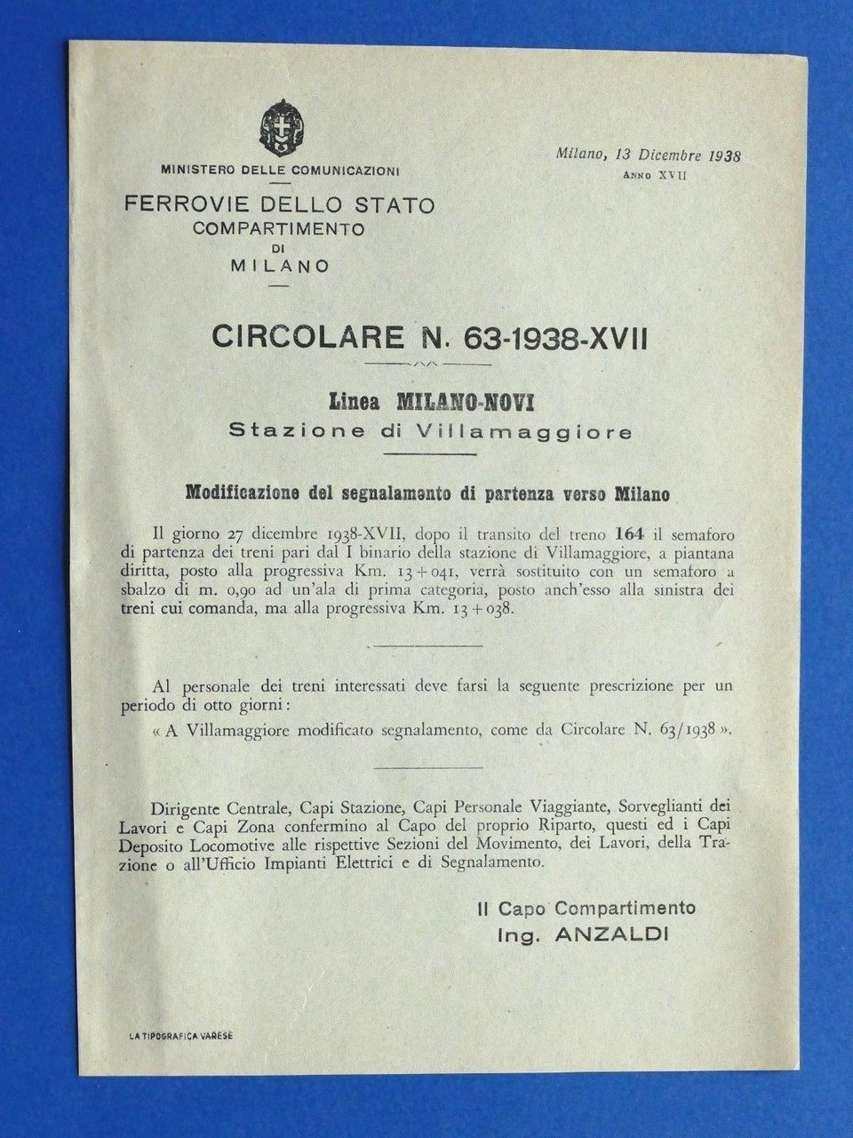 Ferrovie - Circolare N° 63 - 1938 - Linea Milano … | Immagine principale