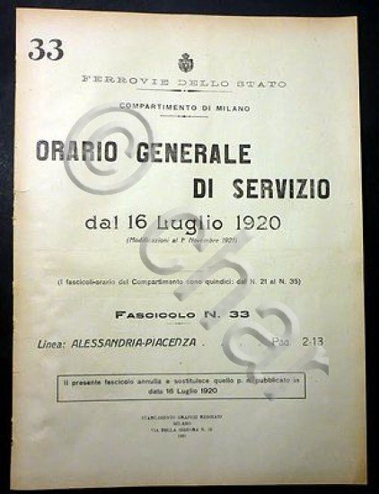 Ferrovie - Orario Generale Servizio - Linea Alessandria Piacenza 1920