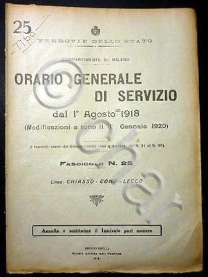 Ferrovie - Orario Generale Servizio - Linea Chiasso Como Lecco - 1918