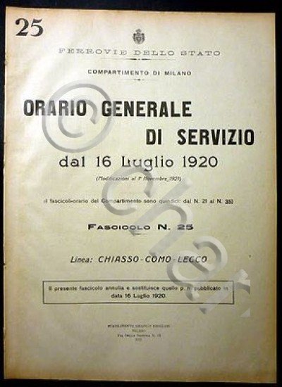 Ferrovie - Orario Generale Servizio - Linea Chiasso Como Lecco 1920