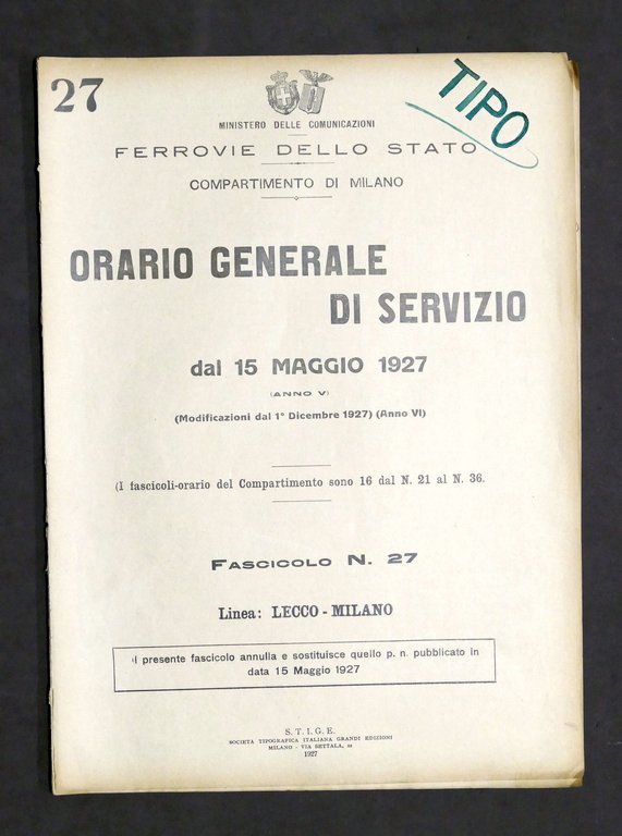 Ferrovie - Orario Generale Servizio - Linea Lecco Milano - 1927