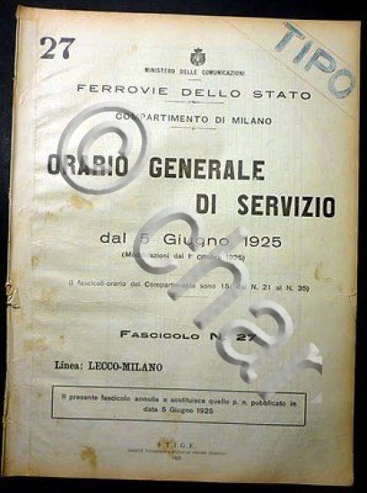 Ferrovie - Orario Generale Servizio - Linea Lecco Milano 1925