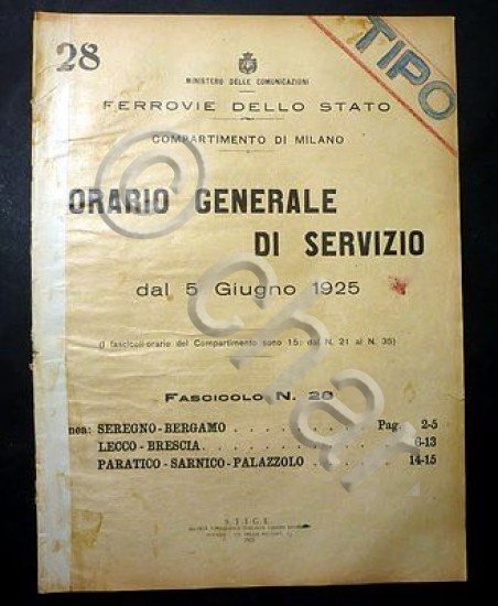 Ferrovie - Orario Generale Servizio - Linea Seregno Bergamo Lecco Brescia 1925