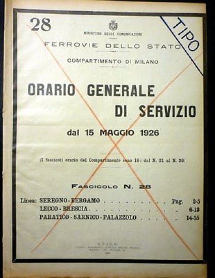 Ferrovie - Orario Generale Servizio - Linea Seregno Bergamo Lecco Brescia 1926 