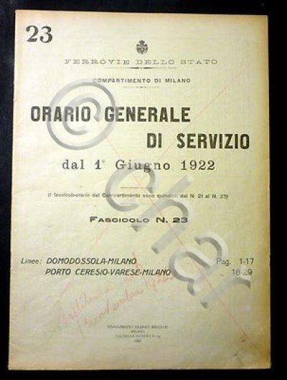 Ferrovie Orario Generale Servizio - Linea Domodossola Milano Ceresio Varese 1922