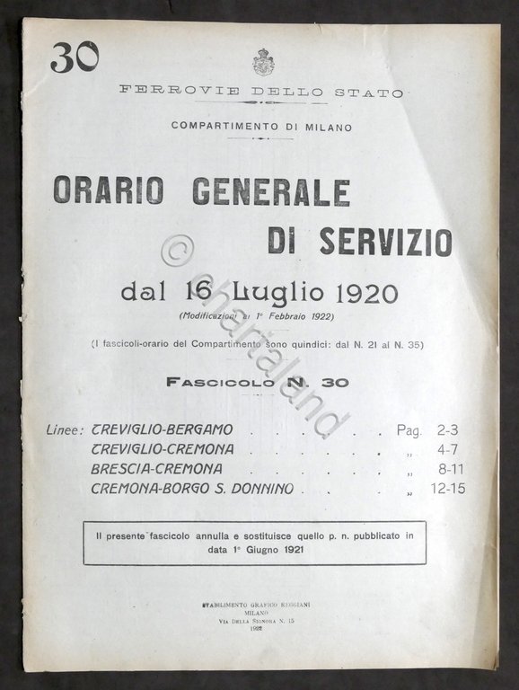 Ferrovie Orario Generale Servizio - Linea Treviglio Bergamo Cremona Brescia 1920