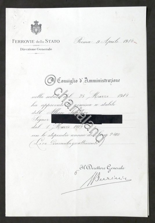 Ferrovie Stato - Direzione Generale - Attestato Nomina Allievo Ispettore …