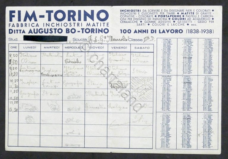 FIM Torino - Fabbrica Inchostri Matite - Orario Scolastico 1938 …