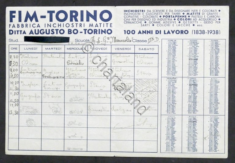 FIM Torino - Fabbrica Inchostri Matite - Orario Scolastico 1938 …