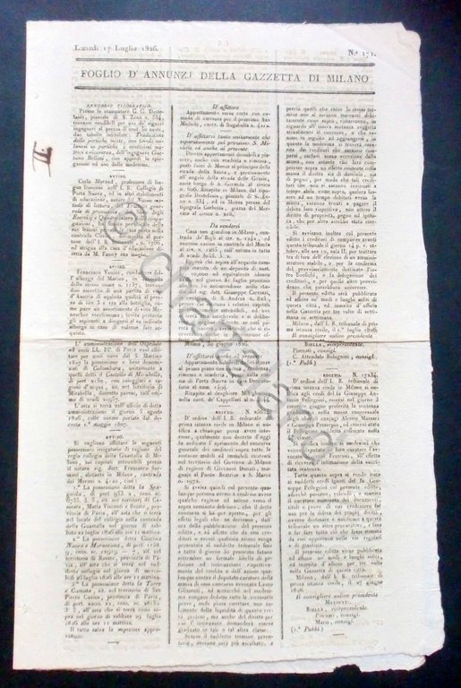 Foglio d'Annunzi (Annunci) della Gazzetta di Milano - N° 171 …