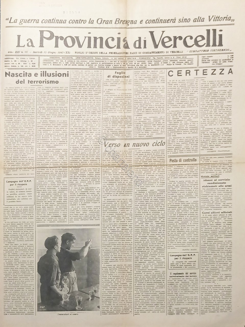 Foglio d'Ordini Fasci - La Provincia di Vercelli N. 66 …