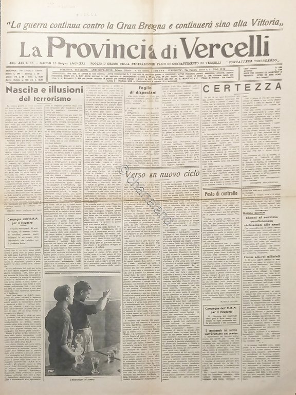 Foglio d'Ordini Fasci - La Provincia di Vercelli N. 66 …