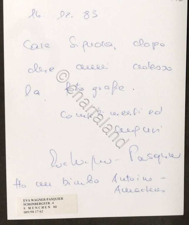 Fotografia con autografo dellla direttrice d'opera Eva Wagner-Pasquier - 1983