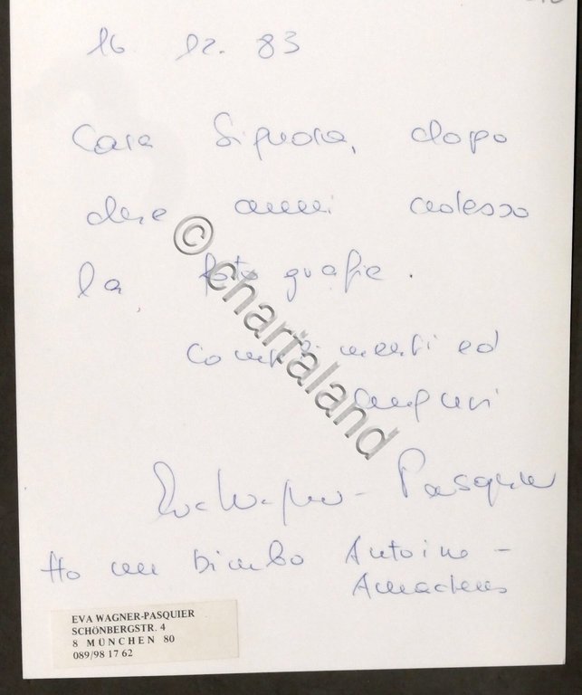 Fotografia con autografo dellla direttrice d'opera Eva Wagner-Pasquier - 1983