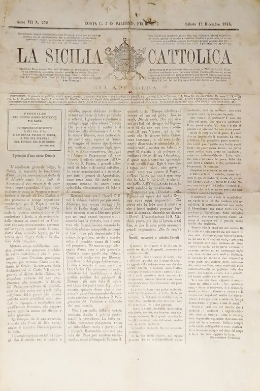 Gazzetta - La Sicilia Cattolica N. 278 - Palermo, 12 Dicembre 1874