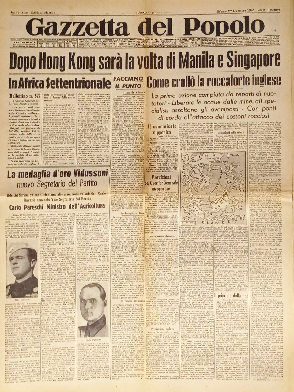 Gazzetta del Popolo N. 308 - 1941 Dopo Hong Kong … | Immagine principale