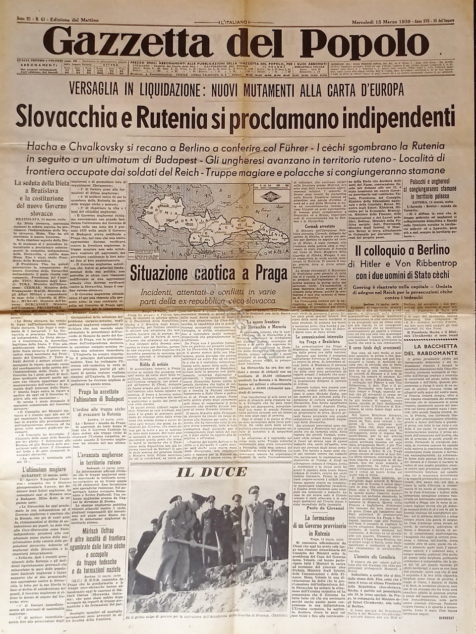 Gazzetta del Popolo N. 63 - 1939 Slovacchia e Rutenia …