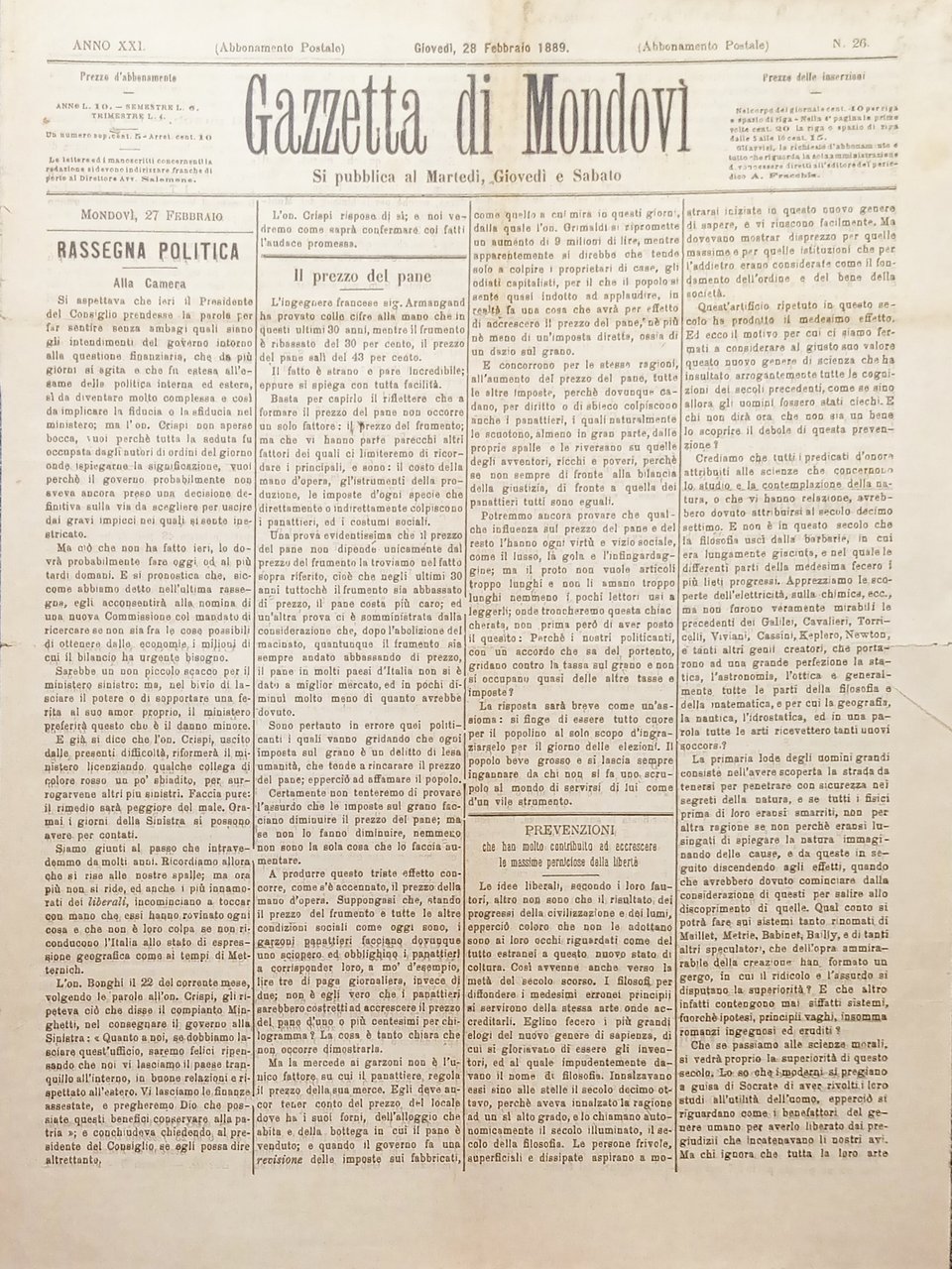 Gazzetta di Mondovì N. 26 - 1889 Il prezzo del …