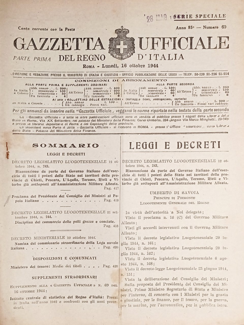 Gazzetta Ufficiale del Regno d'Italia N. 69 - 1944