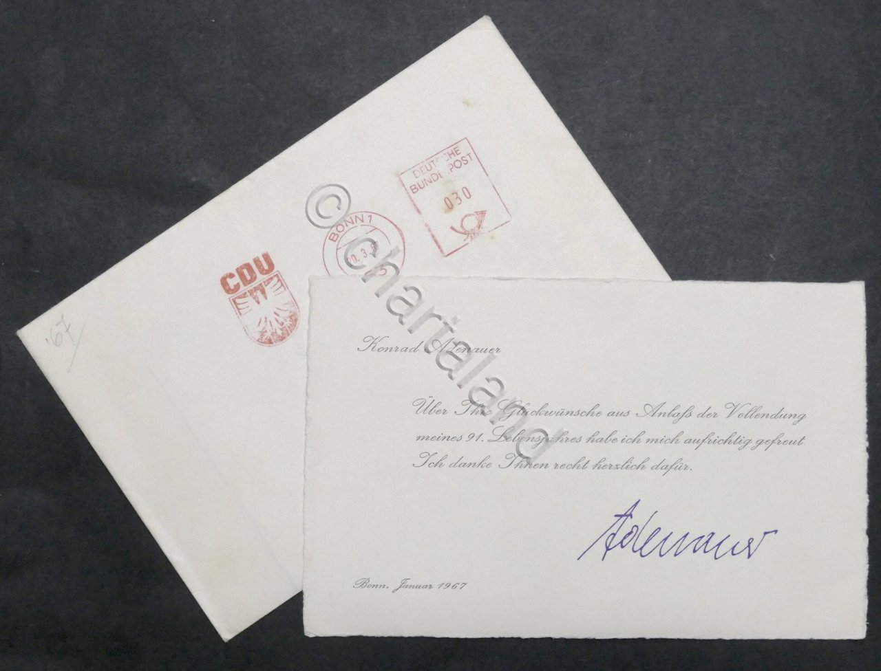 Germania CDU - Biglietto ringraziamento con autografo di Konrad Adenauer …