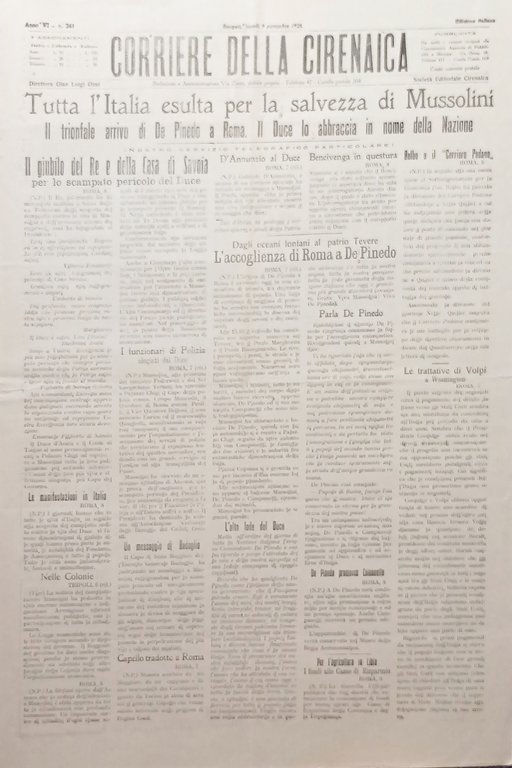 Giornale - Corriere della Cirenaica N. 241 - 1925 La salvezza di Mussolini