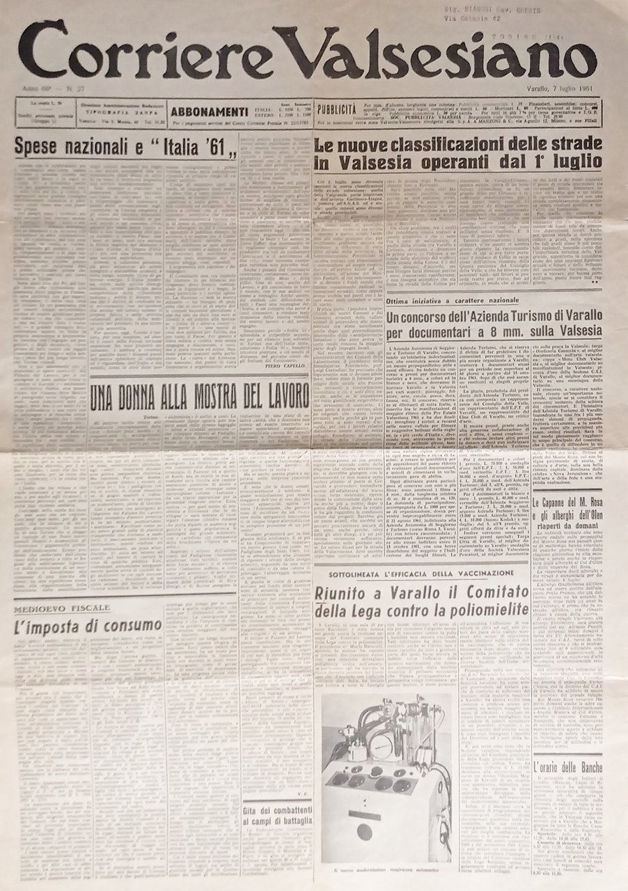 Giornale - Corriere Valsesiano N. 27 - 1961 Spese nazionali …