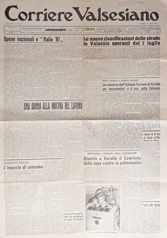 Giornale - Corriere Valsesiano N. 27 - 1961 Spese nazionali …