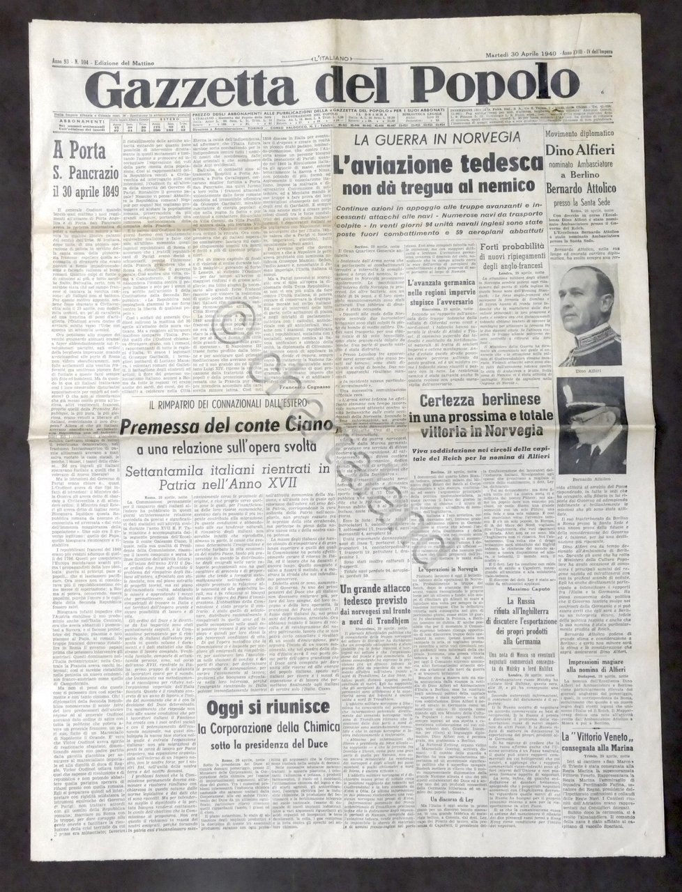 Giornale - Gazzetta del Popolo N. 104 - L'aviazione tedesca …