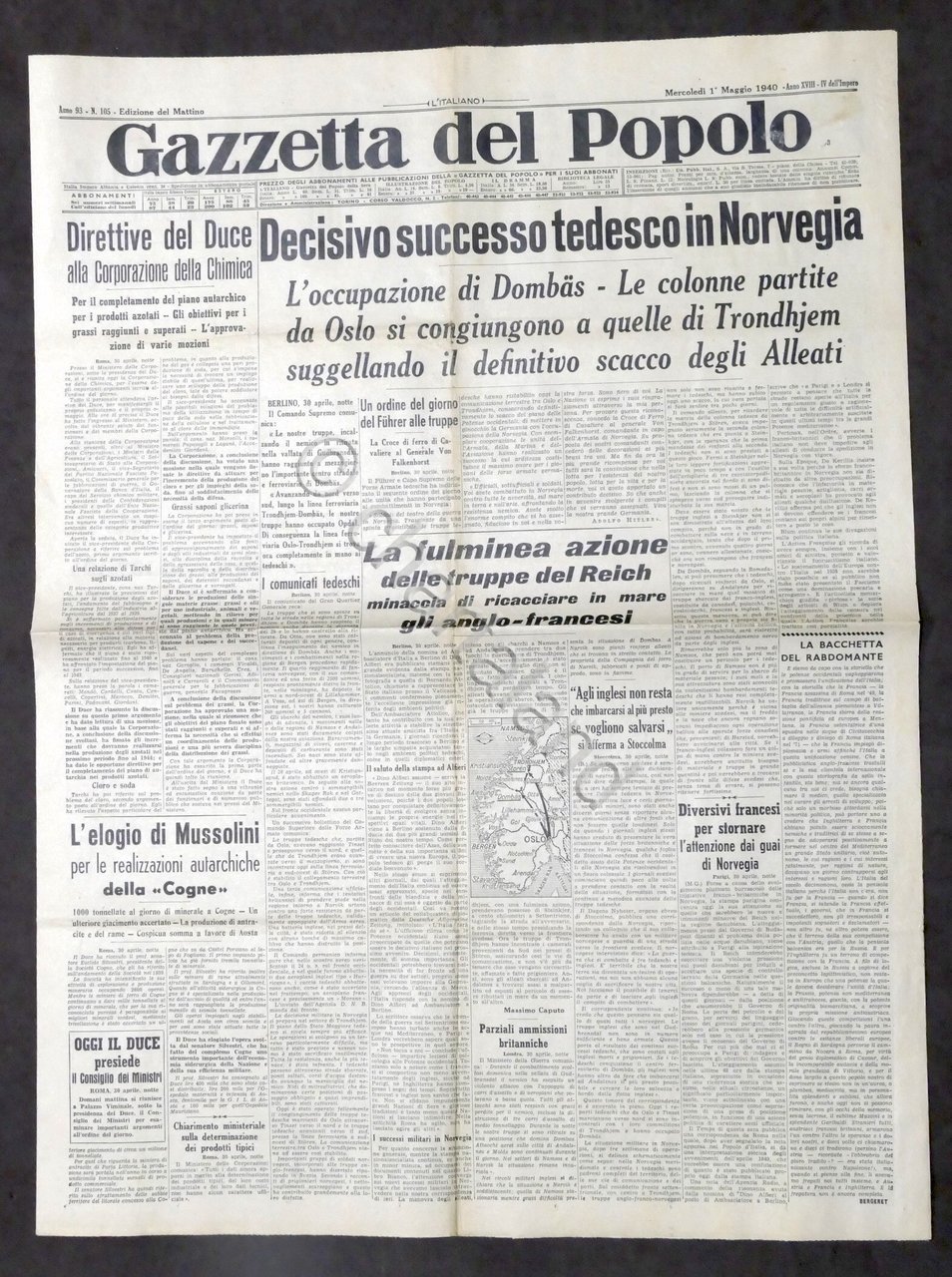 Giornale - Gazzetta del Popolo N. 105 Decisivo successo tedesco …