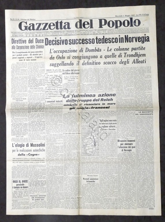 Giornale - Gazzetta del Popolo N. 105 Decisivo successo tedesco in Norvegia 1940