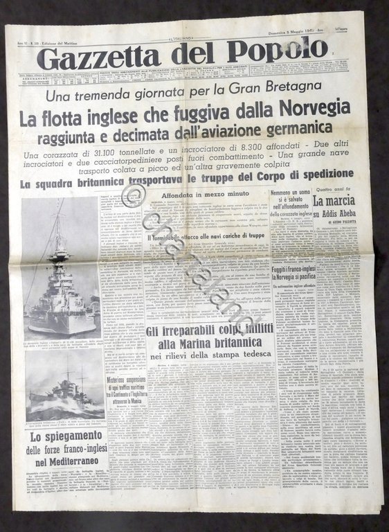 Giornale - Gazzetta del Popolo N.109 Flotta inglese decimata dall'aviazione …