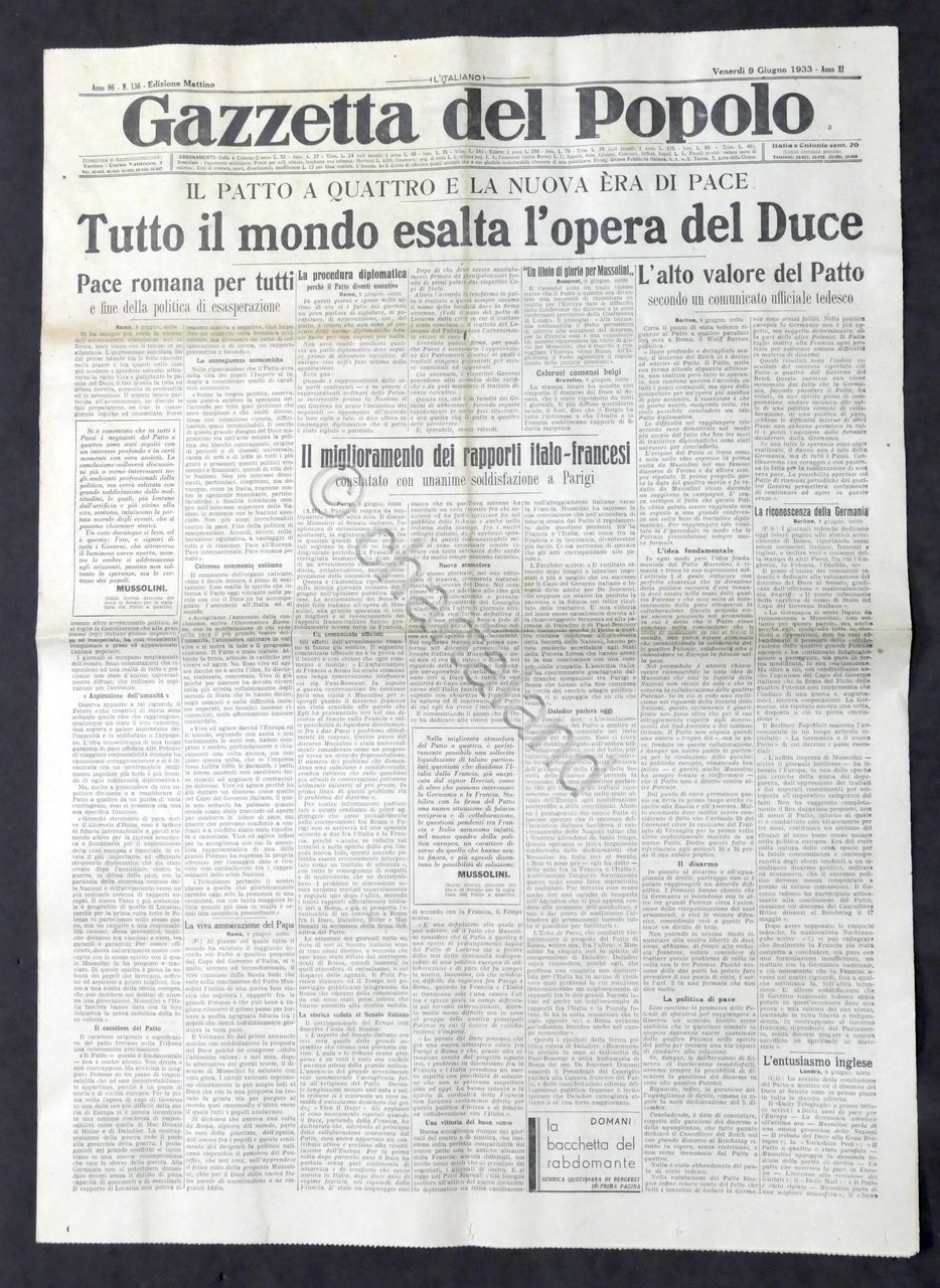 Giornale - Gazzetta del Popolo N. 136 Patto a Quattro …