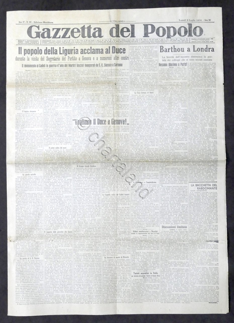 Giornale - Gazzetta del Popolo N. 161 Mer. Popolo Liguria …
